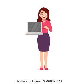 Woman Holding Laptop, Pointing and Smiling in Full Shot on White Background