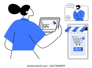 A woman holding a laptop reviews analytics, engages in a video call, and observes an online shopping cart with a BUY button. Ideal for e-commerce, online shopping, business meetings, analytics