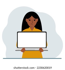 The woman is holding a laptop with the screen facing away from him. On the screen of the laptop there is a place for text. Laptop computer technology concept, online education, online work. Vector fla