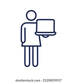 Woman holding laptop. Simple line art of a woman holding a laptop. Shows offering, presenting, and sharing knowledge.
