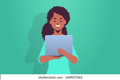 woman holding laptop video calling working online african american girl using digital device portrait horizontal vector illustration