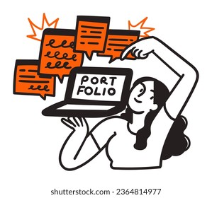 a woman holding up a laptop with the words portfolio on it