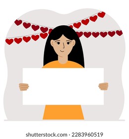 A woman is holding a large blank sheet for text. There are many red hearts nearby. The concept of Happy Women, Valentine's Day, father's day, declaration of love or holiday. Vector flat illustration