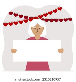 A woman is holding a large blank sheet for text. There are many red hearts nearby. The concept of Happy Women, Valentine's Day, father's day, declaration of love or holiday. Vector flat illustration