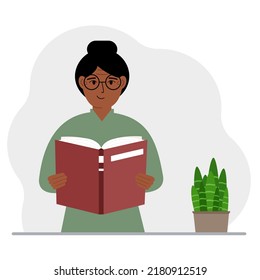 The woman is holding a large book in his hands. Vector flat illustration