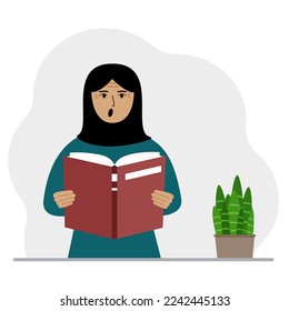 The woman is holding a large book in his hands. Vector flat illustration