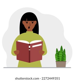 The woman is holding a large book in his hands. Vector flat illustration