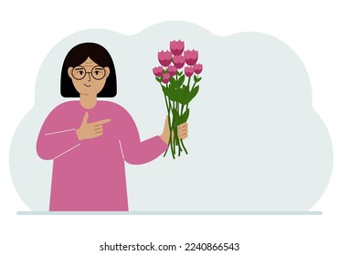 A woman is holding a large bouquet of flowers. The concept of a holiday, congratulations, romance or gift. Vector flat illustration