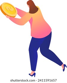 Mujer sosteniendo una moneda grande, ilustración del concepto financiero. Carácter femenino con moneda de oro sobredimensionada, invirtiendo o ahorrando ilustración vectorial temática.