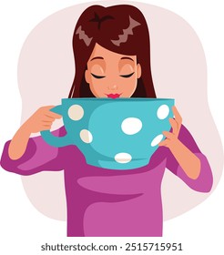 
Woman Holding a Large Cup of Coffee Sipping from it Vector Cartoon. Cheerful coffee lover having their caffeine morning fix 
