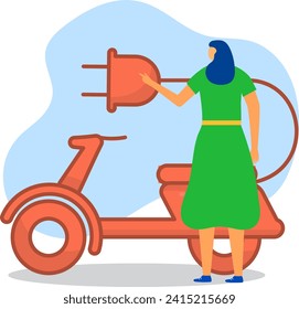 Woman holding a large electrical plug near an orange scooter. Cartoon style with flat design and clean background. Eco transportation vector illustration.