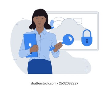 Mujer que sostiene una llave Grande y una carpeta delante de los iconos del almacenamiento de la nube, estilo plano en el fondo blanco. Concepto de acceso a datos, seguridad en la nube. Ilustración vectorial
