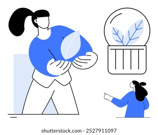 A woman holding a large leaf with a globe featuring leaves. A smaller woman points at the globe. Ideal for sustainability, eco-friendly practices, environmental awareness, nature conservation, green