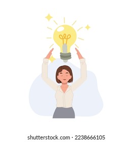 woman holding a large light bulbs in her hands. A big idea concept. Flat vector cartoon character illustration.