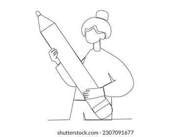 A woman holding a large pencil. World youth skill day one-line drawing