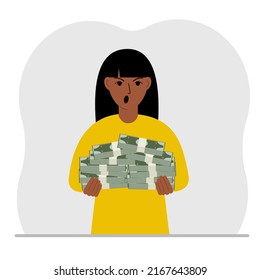 A woman is holding a large pile of paper money. Vector flat illustration