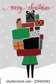 Woman Holding Large Stack Of Christmas Presents. 