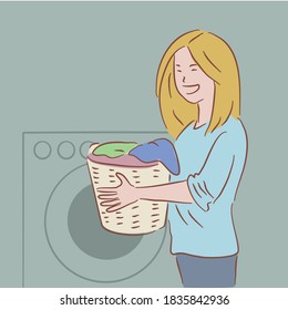 Woman holding a laundry basket; cartoon-vector