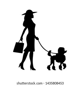 Woman holding leash with poodle. Dog and people walking silhouette. Vector black flat icon isolated on white background.