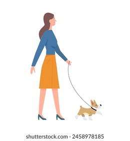 Woman holding leash to walk dog, female pet owner and puppy vector illustration