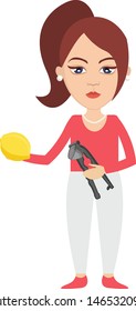 Woman holding lemon, illustration, vector on white background.