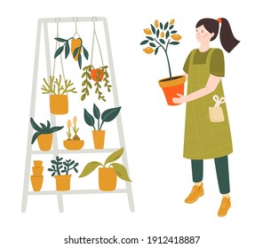 Woman holding lemon tree pot, home plants stand with hanging green plants. Different tropical flowers. Urban jungle vector illustration, florist character