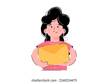 The woman is holding a letter. The concept of receiving messages. Isolated on white background. Trendy flat vector style.