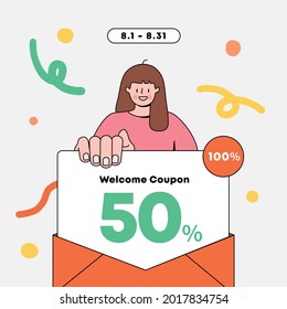The woman holding the letter. coupon event. shopping event. vector illustration.