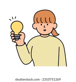 Woman Holding a Light Bulb. Environment, Power and Saving Energy Concept. Cartoon Flat Vector illustration.