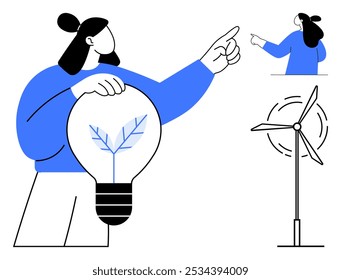 Woman holding a light bulb with a leaf inside points towards a wind turbine. Another version of the woman points to the right. Ideal for renewable energy, sustainability, eco-friendly solutions