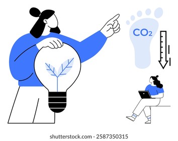 Woman holding a light bulb with a leaf, pointing towards CO2 footprint, other woman with laptop. Ideal for sustainability, energy conservation, eco-friendly practices, carbon reduction, green