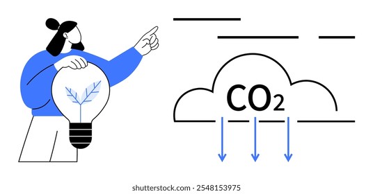 Mulher segurando uma lâmpada com planta dentro e apontando para uma nuvem com texto de CO2 e setas para baixo. Ideal para conscientização ambiental energia limpa, sustentabilidade das mudanças climáticas e carbono