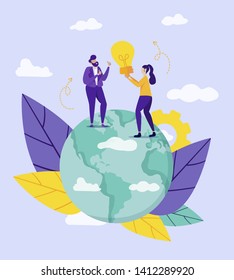 Woman Holding Lightbulb Communicating with Man Stand on Earth Globe Surface on Cloudy Sky Background. Business People Sharing with Creative Ideas, Insight, New Project Cartoon Flat vector Illustration