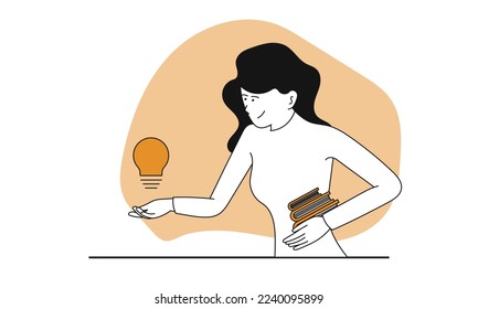 Woman holding lightbulb vector concept illustration. Innovation idea with creative person. Business character creativity and success inspiration. Human solution and smart education for professional