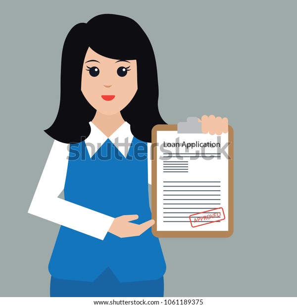woman holding loan agreement form\
approved for loan application concept. vector\
illustration