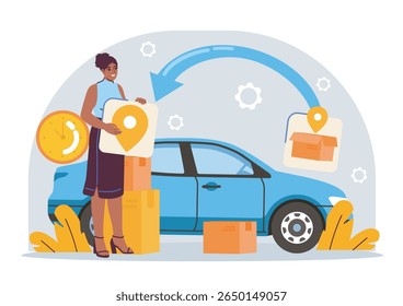 Woman holding location icon beside boxes and car, with arrows and clock symbol, on abstract background. Concept of delivery, tracking, logistics. Vector illustration