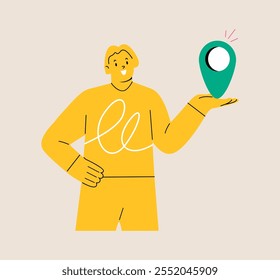 Woman holding the location pin. Colorful vector illustration
