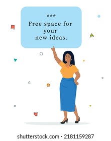 Woman holding and looking up to speech bubble. Empty space for text. Post for cocial media