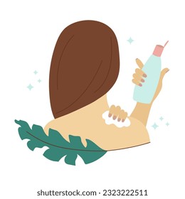 Woman holding lotion bottle and applying eco moisturizing product. Body care concept. Natural skin care cream. Organic self care product. Flat vector illustration of girl back view.