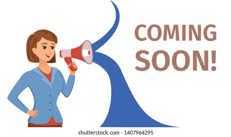 Woman holding loudspeaker calling for attention vector cartoon illustration. Young girl with megaphone in her hand with text template for important information, advertisement, sale design concept