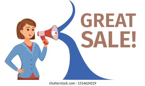 Woman holding loudspeaker calling for attention vector cartoon illustration. Young girl with megaphone in her hand with text template for important information, advertisement, sale design concept