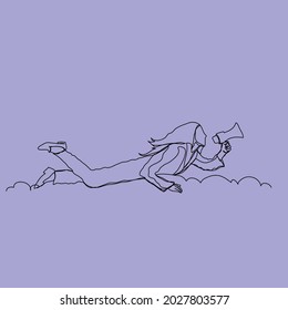 woman holding loudspeaker lying on the cloud in one line vector illustration