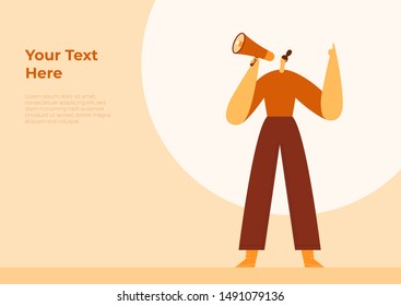 Woman holding loudspeaker and raising her hand, pointing finger up. Cartoon female character with megaphone, bullhorn. Flat vector illustration. Use in web projects and applications.