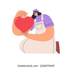 Woman holding love heart for valentine. Volunteer with charity and support symbol. Hope, charitable help, donation, kindness, warmth concept. Flat vector illustration isolated on white background