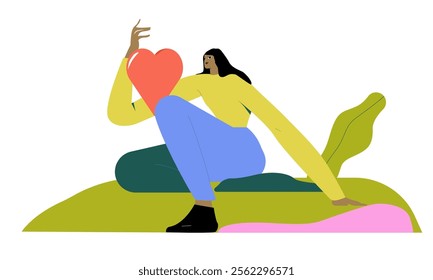 Woman holding love heart for valentine. Volunteer with charity and support symbol. Hope, charitable help, donation, kindness, warmth concept. Flat vector illustration isolated on white background.