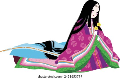 A woman holding a love letter with flowers. Image illustration of a female character wearing the Japanese kimono “Juunihitoe”