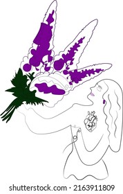 Woman holding a lupine in her hands.
Art in one line.The big heart is visible.

