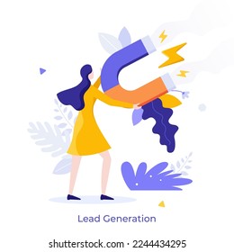 Woman holding magnet. Concept of lead generation, marketing tactics to attract consumers or customers of product, advertising or promotional strategy. Modern flat vector illustration for banner,poster