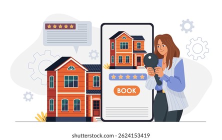 Woman holding magnifying glass choosing a house from smartphone screen with five-star reviews, flat cartoon style on white background. Concept of online booking. Vector illustration