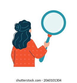 Woman is holding magnifying glass. Concept search for information of frequently asked questions, query, investigation. Researching data online. Isolated flat vector illustration.